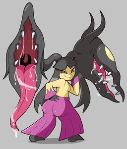 bangs big_butt big_mouth_(anatomy) big_tongue biped black_hair bodily_fluids breasts butt butt_pose dripping drooling female hair hair_mouth hand_on_cheek hand_on_hip looking_at_viewer looking_back looking_back_at_viewer narrowed_eyes open_mouth pose pseudo_clothing rear_view red_eyes saliva saliva_drip saliva_on_tongue saliva_string side_bangs small_breasts smile smiling_at_viewer smirk smug solo standing tongue jemuosg nintendo pokemon generation_6_pokemon humanoid mega_evolution mega_mawile pokemon_(species) 2025 digital_media_(artwork) full-length_portrait hi_res portrait