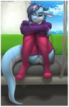 anthro anus biped blue_eyes blue_hair border butt clothed clothing crossgender exhibitionism female footwear genitals hair horn inside knees_pulled_up legwear looking_at_viewer public public_transportation purple_eyes pussy sitting sky socks solo stockings subway tail text thigh_highs thigh_socks white_border skipsy mythology skipsy_dragon_(character) dragon mythological_creature mythological_scalie scalie wingless_dragon 2019 absurd_res digital_media_(artwork) hi_res url