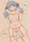 blue_eyes blue_hair blush clothing dialogue doll eyebrows eyelashes female fingers genitals hair looking_at_viewer lying mostly_nude navel not_furry on_back on_bedding open_mouth pussy solo speech_bubble cafin league_of_legends riot_games tencent gwen_(lol) animate_inanimate humanoid living_doll absurd_res hi_res