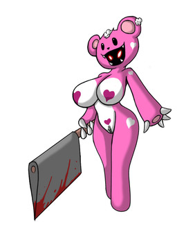 anthro bear_costume big_breasts biped black_sclera blood blood_splatter bodily_fluids breasts claws cleaver_(weapon) clothing costume countershading creepy dark female front_view fursuit glowing glowing_eyes heart_(marking) heart_symbol holding_object holding_weapon markings melee_weapon open_mouth pink_body red_sclera round_ears scare_bear simple_background solo standing three-quarter_view weapon white_background white_body white_claws white_countershading white_eyes zipper lordstevie unknown_species digital_media_(artwork) full-length_portrait portrait