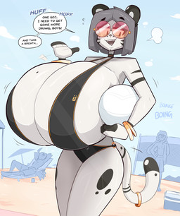 4_fingers accessory anthro ball beach big_breasts bikini black_markings bodily_fluids bracelet breasts clothed clothed_anthro clothed_female clothing dialogue eyebrows eyewear female female_anthro female_focus fingers fur furgonomics grey_hair group hair holding_ball holding_object huge_breasts hyper hyper_breasts jewelry male markings mature_anthro mature_female mole_(marking) mole_on_breast multicolored_body multicolored_fur open_mouth ring short_hair solo_focus speech_bubble sunglasses sweat sweatdrop swimwear tail tail_accessory tail_jewelry tail_ring text two-piece_swimsuit two_tone_body two_tone_fur volleyball_(ball) white_body white_fur kilinah gentlebun hail_(7th-r) priscilla_(kilinah) avian bird felid feline lagomorph leopardus leporid mammal ocelot rabbit 2025 digital_media_(artwork) english_text hi_res