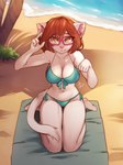 anthro beach beach_towel bikini breasts brown_hair clothing female fur hair inner_ear_fluff kneeling looking_at_viewer navel outside sand sea seaside solo swimwear towel tuft two-piece_swimsuit water white_body white_fur yellow_eyes fejess96 jessica_(fejess96) domestic_cat felid feline felis mammal digital_media_(artwork) hi_res