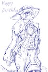 anthro belt bow_ribbon clothing female hat headgear headwear metal shawl shirt solo topwear ktk's_sky margit_upfarvis_(grimsound99) felid mammal pantherine tiger 2:3 absurd_res blue_and_white hi_res line_art monochrome