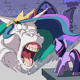 crown duo feral headgear horn open_mouth teeth tiara tongue merumeto friendship_is_magic hasbro my_little_pony mythology princess_celestia_(mlp) twilight_sparkle_(mlp) equid equine mammal mythological_creature mythological_equine unicorn 1:1 2015 low_res