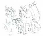 cutie_mark duo feathered_wings feathers female feral hair horn male simple_background smile standard white_background wings longinius friendship_is_magic hasbro my_little_pony mythology princess_cadance_(mlp) shining_armor_(mlp) equid equine mammal mythological_creature mythological_equine unicorn winged_unicorn 2014 line_art monochrome traditional_media_(artwork)