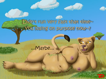 ambiguous_gender ambiguous_prey anthro big_breasts breasts female female_pred laying_on_grass nude size_difference solo vore wide_hips flightlesslizard kira_(yes) felid lion mammal pantherine hi_res