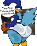 anthro ball basketball_(ball) basketball_uniform beak bedroom_eyes big_butt blue_body blue_feathers bottomwear butt clothed clothing crossgender feathers female huge_butt looking_at_viewer looking_back narrowed_eyes seductive shorts simple_background solo sportswear tail tail_feathers text thick_thighs topwear tune_squad_outfit uniform white_background lewdewott looney_tunes space_jam warner_brothers road_runner_(looney_tunes) avian bird cuculiform greater_roadrunner new_world_ground_cuckoo roadrunner digital_media_(artwork) english_text hi_res