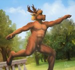 2023 animal_genitalia anthro athletic athletic_anthro balls deer discus forest forest_background fully_sheathed genitals hi_res male mammal muscular nature nature_background nude olympics on_one_leg plant rov sheath solo standing tree