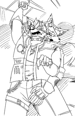 anthro belt bottomwear claws clothing crowded duo fur gloves grope handwear inside_train jacket jewelry male male/male medal pants public public_transportation shocked shoulder_pads snout topwear train vehicle hatake nintendo star_fox fox_mccloud wolf_o'donnell canid canine canis fox mammal wolf black_and_white monochrome sketch