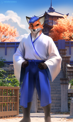 anthro asian_clothing belly blue_hair clothed clothing day detailed_background dipstick_ears ear_markings east_asian_clothing fully_clothed fur hair japanese japanese_clothing leg_markings looking_at_viewer male markings multicolored_ears orange_body orange_fur outside smile socks_(marking) solo white_belly koala_kiel canid canine fox mammal 3:5 3d_(artwork) absurd_res digital_media_(artwork) full-length_portrait hi_res portrait