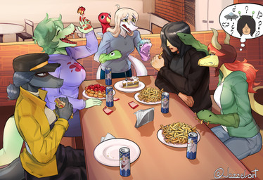 5_fingers ahoge anthro beverage_can black_clothing black_eyes black_hair black_jacket black_topwear blonde_hair blue_clothing blue_hair blue_hoodie blue_topwear bottomwear breasts brown_eyes cake chicken_meat chicken_nugget claws clothing denim denim_bottomwear denim_clothing dessert detailed_background eating eating_food eyes_closed female finger_claws fingers food freckled_face freckled_tail freckles fries green_body green_clothing green_jacket green_scales green_topwear grey_body grey_scales group hair hair_over_eyes hand_puppet hat headgear headwear hoodie jacket jeans ketchup light-skinned_male light_body light_skin long_hair male meat napkin open_mouth open_smile pants purple_clothing purple_hoodie purple_topwear question_mark red_hair restaurant sandwich_(food) scales sharp_teeth short_hair sitting smile sweater tail teeth text thought_bubble topwear white_body white_scales yellow_body yellow_clothing yellow_jacket_(clothing) yellow_scales yellow_sclera yellow_topwear jazzelart ambient_among_us among_us cavemanon_studios i_wani_hug_that_gator innersloth snoot_game fan_character judee julia_(teguimore) olivia_halford rich_(deadmemekevin) schizo_chan_(snoot_game) baryonyx compsognathid compsognathus dinosaur human mammal prehistoric_species reptile saurischian scalie spinosaurid spinosaurus theropod troodon troodontid 2025 absurd_res artist_name hi_res watermark