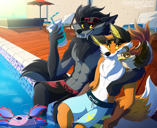 abs anthro beak black_nose blue_eyes bottomwear chest_tuft clothed clothing container cup dipstick_tail eyewear eyewear_on_head feathered_wings feathers feral fur grey_body grey_fur group holding_container holding_cup holding_object male markings muscular muscular_anthro muscular_male orange_body orange_eyes orange_fur outside partially_submerged pecs pink_body poolside red_eyes sitting smile sunglasses sunglasses_on_head swimming_pool swimming_trunks swimwear tail tail_markings teeth topless tuft water wings yellow_sclera leo-wolf epic_games fortnite mythology axo_(fortnite) dire_(fortnite) fennix_(fortnite) amphibian aquatic avian axolotl bird canid canine canis fox mammal mole_salamander mythological_canine mythological_creature red_fox salamander true_fox werecanid werecanine werecreature werewolf wolf 2021 absurd_res digital_media_(artwork) hi_res