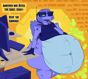 abdominal_bulge after_vore anthro anthro_pred belly big_belly blue_body blue_scales computer computer_mouse digestion electronics exclamation_point eyewear fatal_vore glasses glorp headset_microphone huge_belly keyboard livestream male male_pred monitor navel obese one_eye_closed onomatopoeia overweight rumbling_stomach scales short_tail slosh sloshing_belly smile solo sound_effects standing tail text tongue tongue_out vore afraart spike_(afraart) reptile scalie turtle 2025 english_text hi_res signature