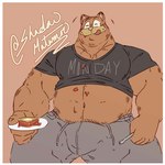 anthro belly big_belly big_muscles border bottomwear bulge clothed clothing cutlery eating eyebrows eyes_closed food fork fur holding_fork holding_object holding_plate kitchen_utensils lasagna licking licking_lips licking_own_lips male musclegut muscular muscular_anthro muscular_male navel overweight overweight_anthro overweight_male pants pasta pecs pink_background plate self_lick shirt simple_background sitting smile solo sweatpants t-shirt text text_on_clothing text_on_shirt text_on_topwear tongue tongue_out tools topwear tuft white_border shadowmatamori garfield_(series) garfield_the_cat domestic_cat felid feline felis mammal 1:1 2021 absurd_res english_text hi_res signature url