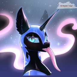 ambiguous_form armor black_body black_fur blue_eyes blush clothed clothing cute_fangs eyelashes fangs female fur headgear helmet horn long_tongue looking_at_viewer pseudo_hair pupils slit_pupils solo teeth text tongue tongue_out unicorn_horn cold-blooded-twilight friendship_is_magic hasbro my_little_pony mythology nightmare_moon_(mlp) equid equine mammal mythological_creature mythological_equine unicorn 1:1 2025 artist_name english_text hi_res