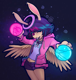 anthro black_hair bottomwear buckteeth clothing collar collar_tag cosmic_background dog_tags feathered_wings feathers fluffy_belly fur hair halo hoodie light_body light_fur looking_at_viewer magic magic_user male one_eye_closed orbs scut_tail shirt short_tail shorts simple_background solo swirls tail tan_body tan_fur teeth tight_clothing topwear white_clothing white_shirt white_topwear wings wink winking_at_viewer werehouse lagomorph leporid mammal rabbit absurd_res half-length_portrait hi_res portrait