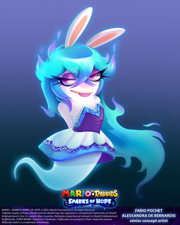 anthro bangs blue_body blue_hair closed_smile clothed clothed_anthro clothed_female clothing copyright_symbol dress eyelashes eyeshadow fangs female female_anthro fur gradient_background hair half-closed_eyes hands_behind_back legless light long_eyelashes long_hair makeup mouth_closed multicolored_hair narrowed_eyes noseless purple_background purple_clothing purple_dress purple_eyeshadow purple_hair purple_tongue simple_background smile solo symbol teeth text tongue tongue_out translucent translucent_body white_body white_fur year alessandra_de_bernardis fabio_pochet mario_plus_rabbids_sparks_of_hope nintendo raving_rabbids rayman_(series) ubisoft midnite_(mario_plus_rabbids) ghost hybrid lagomorph mammal rabbid spirit 2023 4:5 absurd_res artist_collaboration artist_name colored crossover digital_drawing_(artwork) digital_media_(artwork) english_description english_text full-length_portrait hi_res lighting official_art portrait shaded