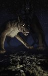 ambiguous_gender black_body brown_body brown_fur city duo fangs feral fur glowing glowing_eyes grin macro night smile teeth cu_sith_(artist) gigantic canid canine canis domestic_dog groenendael herding_dog malinois_dog mammal pastoral_dog sheepdog absurd_res hi_res