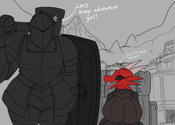 anthro armor big_breasts black_sclera breasts clothed clothing dialogue duo female headgear helmet holding_object holding_weapon horn huge_breasts hyper hyper_breasts knight male melee_weapon outside red_body shield text tongue warrior weapon vf-01s human kobold mammal reptile scalie english_text hi_res monochrome