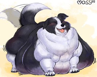 ambiguous_gender belly big_belly eyes_closed fat_legs fat_rolls feral morbidly_obese morbidly_obese_feral obese obese_feral open_mouth overweight overweight_feral solo tail tail_motion tailwag fluffmoss border_collie canid canine canis collie domestic_dog herding_dog mammal pastoral_dog sheepdog absurd_res hi_res