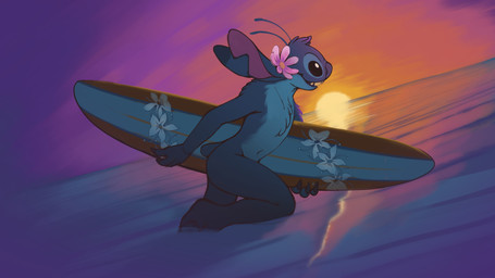 4_fingers antennae_(anatomy) anthro anthrofied black_eyes blue_body blue_claws blue_fur chest_tuft claws convenient_censorship dutch_angle fingers flower fur head_tuft horizon male notched_ear nude outside partially_submerged plant sea small_tail solo sunset surfboard tail tuft water shiuk disney lilo_and_stitch stitch_(lilo_and_stitch) alien experiment_(lilo_and_stitch) mammal 2016 absurd_res censored digital_media_(artwork) hi_res wallpaper