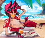 4_fingers aloha_shirt animal_ears beach beach_towel beverage black_hair blue_sky book chest_tuft clothed clothing detailed_background eyewear eyewear_on_head fingers fluffy fluffy_tail hair hooves looking_at_viewer lying male multicolored_hair on_side one_eye_closed open_clothing open_shirt open_topwear outside palm_tree pattern_clothing pattern_shirt pattern_topwear plant red_eyes red_hair red_sclera sea seaside sharp_teeth shirt short_tail sky smile solo sunglasses sunglasses_on_head swimming_trunks swimwear tail tan_body tan_skin teeth topwear towel tree tuft two_tone_hair water wink winking_at_viewer pinksartdump hazbin_hotel alastor_(hazbin_hotel) animal_humanoid deer deer_humanoid demon demon_humanoid humanoid mammal mammal_humanoid tailed_humanoid 2024 absurd_res digital_drawing_(artwork) digital_media_(artwork) hi_res watermark