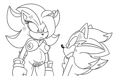 angry anthro chest_tuft crossgender death_stare duo female male male/female pregnant pregnant_female scared tuft womb_tattoo shenadical sega sonic_the_hedgehog_(series) keiph_black_arms_demon keiph_the_tenrec shadow_the_hedgehog afrosoricid demon eulipotyphlan hedgehog mammal tenrec hi_res monochrome
