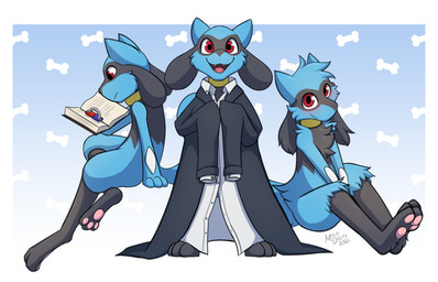 ambiguous_gender book clothed clothing group pattern_background reading reading_book simple_background sitting suit_jacket milodesty nintendo pokemon generation_4_pokemon humanoid pokemon_(species) riolu 14:9 hi_res