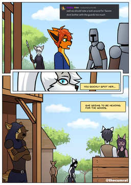 anthro armor blue_eyes border brown_body brown_fur brown_hair building clothed clothed_anthro clothed_female clothing dark_clothing detailed_background dialogue fantasy female fur grey_body grey_fur guard hair long_hair looking_at_another melee_weapon orange_body orange_fur orange_hair outside plant polearm purple_body purple_fur purple_hair robe spear speech_bubble text tree weapon white_body white_border white_fur white_hair thecumrat sylvia_(thecumrat) tasmin canid canine fox human hyena mammal absurd_res comic english_text hi_res story