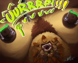anthro bodily_fluids brown_body brown_fur burping feeding_tube fur glowing glowing_eyes green_eyes male medical_instrument morbidly_obese morbidly_obese_male nipple_piercing nipples obese obese_male open_mouth overweight overweight_male piercing saliva scientific_instrument solo weight_gain galvinwolf guild_wars charr felid mammal hi_res