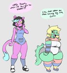 2017 alligator alligatorid angstrom anthro belly big_breasts biped black_hair blonde_hair blue_highlights body_size_growth body_swap bottomwear bratty_(undertale) breasts catty_(undertale) cleavage clothed clothing crocodilian cute_fangs cutoffs denim denim_bottomwear denim_clothing dialogue digital_drawing_(artwork) digital_media_(artwork) dipstick_tail domestic_cat drill_curls duo ear_piercing english_text felid feline felis female footwear green_body green_scales grey_background hair highlights_(coloring) huge_hips huge_thighs knee_highs knee_socks larger_anthro larger_female legwear lipstick looking_at_another makeup mammal markings medium_breasts omg one_eye_closed open_mouth open_smile overalls overweight overweight_anthro overweight_female pattern_clothing pattern_footwear pattern_legwear pattern_socks piercing pink_body pink_lipstick pink_sclera pupils reptile role_reversal scales scalie shirt shoes short_stack shortalls shorts shrinking simple_background size_difference size_transformation slit_pupils smaller_anthro smaller_female smile sneakers socks speech_bubble spikes spikes_(anatomy) standing striped_clothing striped_footwear striped_knee_socks striped_socks stripes tail tail_markings talking_to_another teasing text thick_thighs topwear transformation undertale_(series) weight_difference weight_gain weight_loss wide_hips yellow_sclera