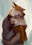 duo female hug male romantic romantic_couple snow sixfoot canid canine canis domestic_dog husky mammal nordic_sled_dog shiba_inu spitz hi_res