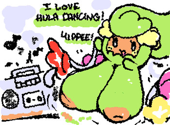 areola big_breasts black_eyes black_text blush boombox breasts dialogue electronics exclamation_point eyelashes featureless_hands female floating flower green_body green_breasts hanging_breasts huge_breasts inverted_nipples legless multicolored_body musical_note musical_symbol nipple_dip nipples noseless not_furry orange_areola orange_body plant simple_eyes solo squigglevision symbol text two_tone_body yellow_blush ligma_(artist) nintendo pokemon comfey elemental_creature flora_fauna generation_7_pokemon pokemon_(species) 2025 animated digital_media_(artwork) english_text flat_colors low_res wigglypaint_(artwork)