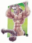 abs animal_genitalia animal_penis anthro balls biceps big_balls big_penis brown_hair equine_genitalia equine_penis erection genitals green_eyes hair male medial_ring muscular muscular_anthro muscular_male nude penis solo freckles_(artist) equid equine horse mammal traditional_media_(artwork)