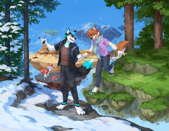 4_toes 5_fingers anthro arm_tuft backpack biped black_body black_claws black_fur black_pawpads blue_body blue_fur blue_hair blue_markings bottomwear cheek_tuft claws clothed clothing day denim denim_bottomwear denim_clothing detailed_background digitigrade dipstick_tail duo elbow_tuft facial_tuft feet finger_claws fingers floating_island fungus fur grass green_eyes green_markings hair hand_holding inner_ear_fluff jeans looking_at_another looking_at_partner male male/male markings mountain multicolored_body multicolored_fur multicolored_tail mushroom open_mouth orange_body orange_fur orange_hair outside pants pawpads plant purple_markings roots scarf sharp_teeth shirt shrub sky smile snow tail tail_markings teeth toe_claws toes tongue topwear tree tuft two_tone_body two_tone_fur white_body white_claws white_fur yellow_eyes corzh77 canid canine canis elemental_creature flora_fauna fox mammal wolf absurd_res hi_res