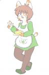 anthro apron brown_body brown_fur brown_hair cake clothed clothing dessert female food footwear fur hair mature_anthro mature_female multicolored_body multicolored_fur open_mouth pastry purple_eyes shoes simple_background slippers smile solo spots sweets two_tone_body two_tone_fur whiskers white_background white_body white_fur h-e-h hannerr domestic_cat felid feline felis mammal cinnamon_(disambiguation)