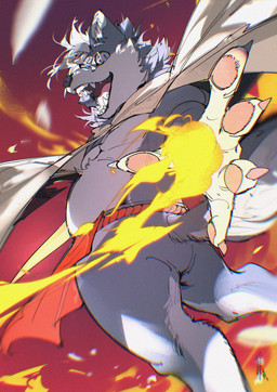 5_fingers anthro biped blue_body blue_countershading blue_eyes blue_fur blue_hair blue_inner_ear_fluff blue_pupils bottomwear cape claws clothed clothed_anthro clothed_male clothing countershade_face countershade_fur countershade_legs countershade_tail countershade_torso countershading digitigrade elemental_manipulation eyewear fangs finger_claws fingerpads fingers fire fire_manipulation foreshortening fur glasses hair inner_ear_fluff loincloth looking_at_viewer looking_back looking_back_at_viewer magic_user male multicolored_body multicolored_fur open_mouth open_smile pawpads pince-nez pink_tongue pose pupils rear_view rectangular_glasses red_background red_bottomwear red_clothing red_loincloth ringed_iris simple_background slightly_chubby slightly_chubby_anthro slightly_chubby_male slit_pupils smile smiling_at_viewer snout solo tail tan_cape tan_clothing teeth tongue tongue_showing tuft two_tone_body two_tone_fur wearing_glasses white_sclera chiayeeee canid mammal 2026 chromatic_aberration colored digital_drawing_(artwork) digital_media_(artwork) hi_res portrait signature three-quarter_portrait
