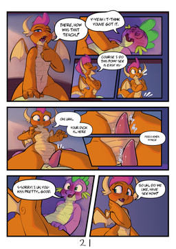 animal_genitalia anthro blue_eyes blush bodily_fluids breasts clitoral clitoris clitoris_rubbing dialogue duo erection female genital_slit genitals grinding_on_penis horn male male/female nude orange_body penis tail tapering_penis text vulva wings young elicitie friendship_is_magic hasbro my_little_pony mythology smolder_(mlp) spike_(mlp) dragon mythological_creature mythological_scalie reptile scalie absurd_res comic digital_media_(artwork) english_text hi_res