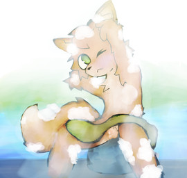 anthro bathing blush bubble fangs fog fur genitals green_eyes inner_ear_fluff looking_at_viewer male nude one_eye_closed orange_body orange_fur penis solo suds teeth tuft wink kobythekobold benjamin_(kobythekobold) domestic_cat felid feline felis mammal
