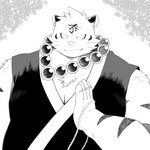 anthro asian_clothing biped clothing cute_fangs east_asian_clothing fangs humanoid_hands japanese_clothing kemono male overweight overweight_male solo teeth homohomofever the_spicy_ninja_scrolls benkei_(the_spicy_ninja_scrolls) felid mammal pantherine tiger 1:1 2022 hi_res monochrome