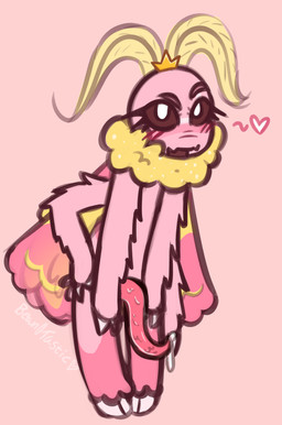 4_arms antennae_(anatomy) anthro blush blush_lines bodily_fluids crown eyelashes flirting fluffy genital_fluids hand_on_hip headgear heart_symbol male multi_arm multi_limb ovipositor pink_body precum prince royalty solo standing wings bean0tastic dryoca_(bean0tastic) arthropod insect lepidopteran moth rosy_maple_moth absurd_res digital_drawing_(artwork) digital_media_(artwork) hi_res