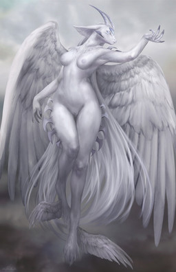 6_eyes ankle_wings anthro breasts cloud feathered_wings feathers female female_anthro floating fur genitals hair horn long_hair multi_eye nipples nude nude_anthro nude_female solo unusual_wing_placement vulva white_body white_feathers white_fur white_hair wings nazena_ra angel
