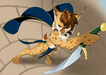 4_fingers 4_toes anthro biped bird's-eye_view blue_cape blue_clothing blue_eyes butt cape chest_tuft clothed clothing ear_tuft facial_tuft feet fingers frown fur glint hair heroic_pose high-angle_view holding_melee_weapon holding_object holding_sword holding_weapon male markings melee_weapon pattern_cape pattern_clothing prince royalty short_tail simple_background snout solo spots spotted_body spotted_fur standing stone_floor sword tail text toes tuft ventral_groove weapon white_body white_fur year kynum twokinds prince_sorrel canid canine felid feline keidran lynx mammal 2025 colored digital_media_(artwork)