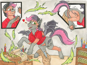anus black_hair black_tail black_wings blue_clothing blue_underwear bookshelf bottomwear brown_eyes bursting_through_clothing candle clothing cutie_mark dock_(anatomy) drawer fangs female feral furniture fused_fingers fused_toes gender_transformation genitals green_eyes hair heart_symbol hooves human_to_feral inside magic membrane_(anatomy) membranous_wings motion_lines mtf_transformation multicolored_hair multicolored_tail open_mouth pink_hair pink_tail raised_tail red_clothing red_shirt red_topwear scroll shirt shorts solo species_transformation table tail tail_anus tan_bottomwear tan_clothing tan_shorts teats teeth tongue tongue_out topwear torn_clothing torn_shirt torn_topwear transformation transformation_through_magic underhoof underwear vulva wings icaron hasbro my_little_pony bat_pony equid mammal hi_res story story_at_source story_in_description