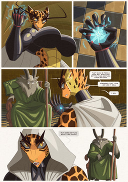 abs anthro armor bodily_fluids bottomwear breasts chair checkerboard_floor cheek_tuft clenched_teeth cloak close-up clothing comic_panel detailed_background dialogue duo ears_down electricity electricity_manipulation elemental_manipulation eyebrows eyewear facial_tuft fangs female frown fur furniture gauntlets glasses gloves glowing green_clothing green_robe grey_body grey_fur grimace handwear high-angle_view high_collar holding_object holding_staff hood hood_down hood_up horn inside leopard_spots lightning_bolt long_eyebrows low-angle_view magic magic_light magic_user male markings midriff muscular muscular_female on_chair orange_body orange_fur pivoted_ears pupils rear_view robe shadow shaggy_fur sitting sitting_on_chair slit_pupils speech_bubble spots staff standing sweat teeth text tuft unconvincing_armor wall_(structure) wearing_glasses wraps yellow_body yellow_eyes yellow_fur hiverdose kurlan_(last_fables) lieren_(last_fables) bovid caprine felid goat leopard mammal markhor pantherine comic digital_media_(artwork) english_text hi_res