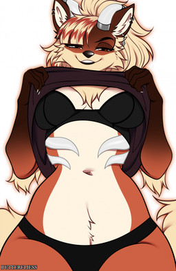 anthro bangs black_bra black_clothing black_eyebrows black_nose black_panties black_underwear blonde_hair bra breasts brown_eyelids brown_markings cheek_tuft claws clothed clothing clothing_lift ear_piercing eyebrows eyelashes facial_tuft female fur hair half-closed_eyes horn long_hair looking_at_viewer markings medium_breasts multicolored_body multicolored_fur multicolored_hair narrowed_eyes navel orange_body orange_eyes orange_fur panties piercing red_hair shirt shirt_lift simple_background solo tail tan_body tan_fur topwear tuft two_tone_hair underwear white_claws white_horn butterfliess canid canine mammal 2026 colored digital_drawing_(artwork) digital_media_(artwork) hi_res shaded simple_shading