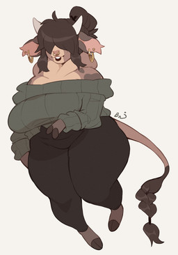 accessory anthro bangs big_breasts black_clothing black_leggings black_legwear braided_tail breasts clothing ear_piercing ear_ring facial_piercing female green_clothing green_sweater green_topwear hair hair_accessory hair_over_eyes hair_tie heart_(marking) hoop_ear_ring hooves horn leggings legwear lips markings mole_(marking) nose_piercing nose_ring piercing ring_piercing simple_background solo sweater tail thick_bottom_lip thick_thighs tied_hair topwear white_background punkinbuu bri_(punkinbuu) bovid bovine cattle highland_cattle mammal hi_res