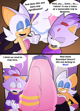 alternate_costume anthro blush closet clothing crossed_arms dialogue dress duo embarrassed female green_eyes greeting hair humor lidded_eyes ponytail princess royalty smile speech_bubble summer_dress text wings yellow_eyes bryceetoonsyt sega sonic_riders sonic_the_hedgehog_(series) blaze_the_cat rouge_the_bat bat domestic_cat felid feline felis mammal comic english_text hi_res