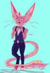 anthro belt belt_buckle big_ears bow_tie buckle clothing digitigrade male male/male simple_background solo suit topwear vest whiskers wingding_eyes sodablitzed kokou_(character) hybrid absurd_res hi_res