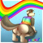 anthro anus backsack balls bottomless clothed clothing confetti genitals lgbt_pride logo looking_at_viewer male multicolored_clothing multicolored_shirt multicolored_text multicolored_topwear penis pride_color_artist_logo pride_color_logo pride_color_text pride_colors rainbow rainbow_clothing rainbow_pride_colors rainbow_shirt rainbow_topwear shirt shirt_only six-stripe_rainbow_pride_colors solo tail text topwear topwear_only derickk76 lgbt_pride_month deanc_(character) canid canine canis domestic_dog mammal 1:1 absurd_res artist_logo hi_res